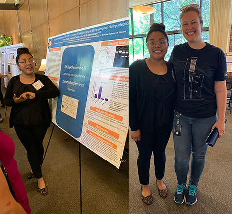 Picture of Jessica Tucker next to her undergraduate researcher at the Bridges to Baccalaureate summer program poster session